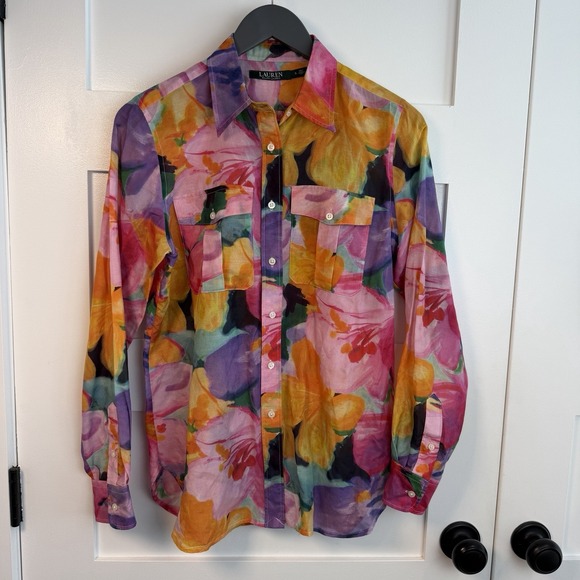 Ralph Lauren Tops - LRL Ralph Lauren Womens S Button Up Floral Silk Cotton Blouse Shirt Watercolors